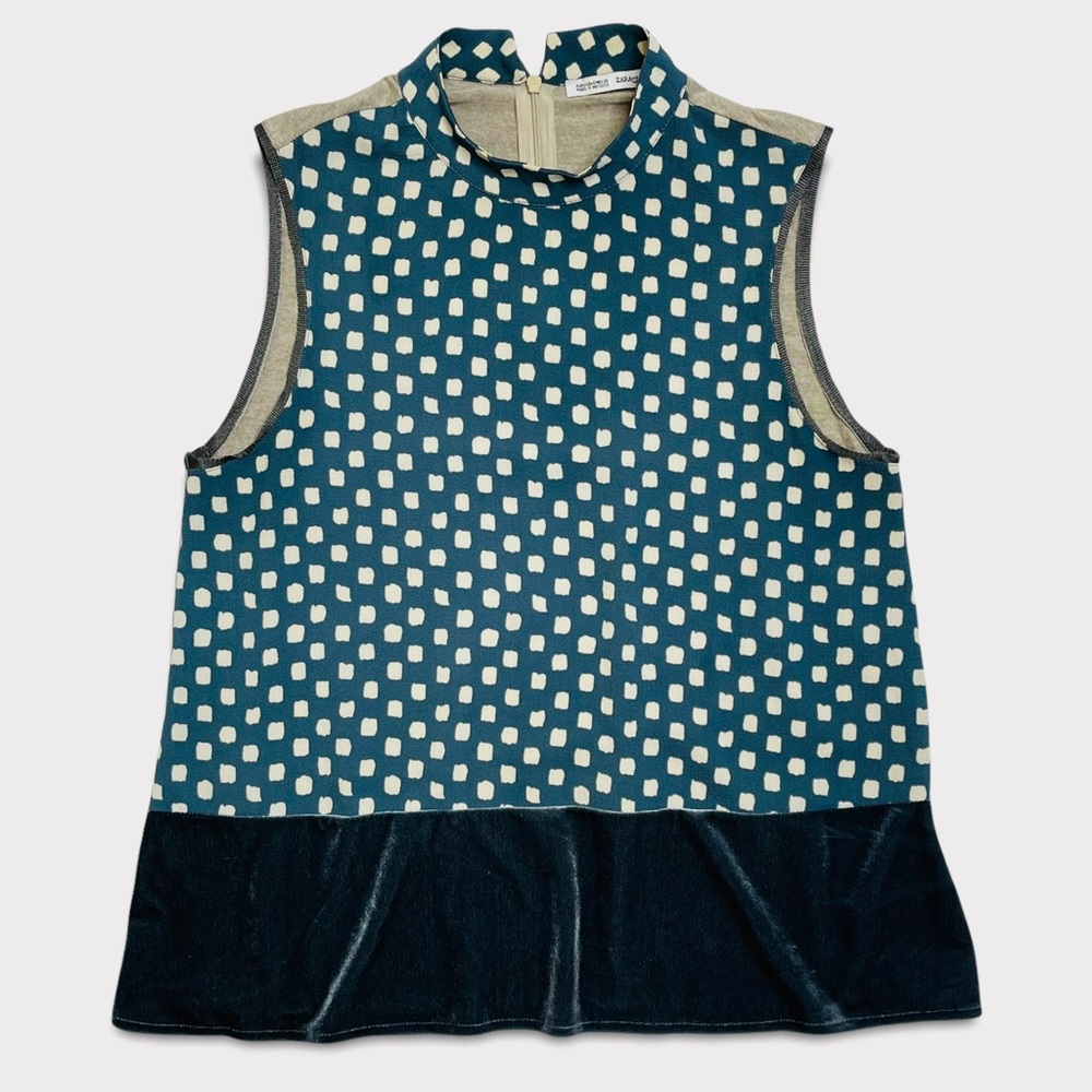 Zara Teal Sleeveless Mixed Media Blouse With Velvet Hem Size Small